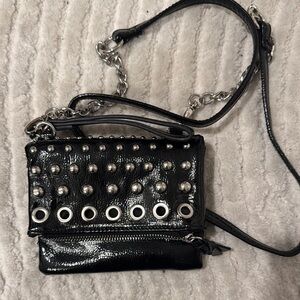 Madden Girl Black and Silver Crossbody Bag with Punk-Inspired Details